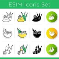 Aloe vera icons set. Spa treatment. Botanicals in bowl. Plant based cosmetic. Hygienical lip balm. Dermatology and skincare. Linear, black and RGB color styles. Isolated vector illustrations