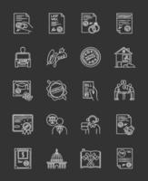 Notary services chalk white icons set on black background. Apostille and legalization. Notarized documents. Stamps. Legal paper. Notarization. Certificate. Isolated vector chalkboard illustrations