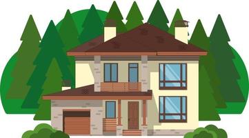 Beautiful modern two-story building with green spruce trees. The facade of brick house with a balcony and garage. House Vector Illustration with greenery around it