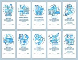 tipos y servicios de farmacia que incorporan la pantalla de la página de la aplicación móvil con conceptos lineales. atención domiciliaria y hospitalaria. instrucciones gráficas de los pasos del tutorial. ux, ui, plantilla de vector de interfaz gráfica de usuario con conjunto de ilustraciones