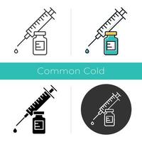 Vaccination icon. Syringe with vial. Common cold prevention. Immunization shot. Virus precaution. Healthcare. Medication, pharmacy. Flat design, linear and color styles. Isolated vector illustrations