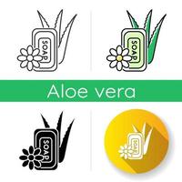 Vegan soap icon. Bathing product with aloe vera. Natural cosmetic for personal hygiene. Cleansing treatment and dermatology. Linear black and RGB color styles. Isolated vector illustrations