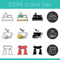 Common cold icons set. Bed rest. Man relaxaing. Lemon tea for detox. Neckscarf. Healthcare. Flu infection treatment. Flat design, linear, black and color styles. Isolated vector illustrations