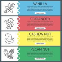 Spices web banner templates set. Vanilla, coriander, cashew and pecan nuts. Website color menu items with linear icons. Vector headers design concepts