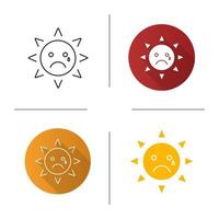 Teary sun smile icon. Flat design, linear and glyph color styles. Sad, crying smiley face. Isolated vector illustrations