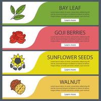 Spices web banner templates set. Bay leaves, goji berries, sunflower seeds, walnut. Website color menu items. Vector headers design concepts