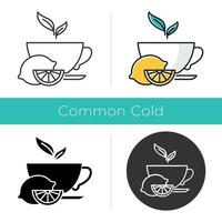 Lemon tea icon. Common cold aid. Healthcare. Aromatic teacup. Hot drink in cup. Antioxidant with vitamin C. Beverage to relax. Flat design, linear and color styles. Isolated vector illustrations