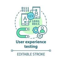 icono de concepto de prueba de experiencia de usuario. ux. desarrollo de software. tecnologías de la información. corrección de error en la ilustración de línea fina de idea de aplicación. dibujo de contorno aislado vectorial. trazo editable vector