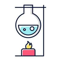 Heating laboratory flask with candle color icon. Conducting experiment. Laboratory work. Interaction with chemicals. Scientific research, practice. Organic chemistry. Isolated vector illustration