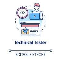 Technical tester concept icon. Software development idea thin line illustration. App programming. System functions analysis. IT project managment. Vector isolated outline drawing. Editable stroke