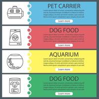 Pets supplies web banner templates set. Animal carrier, canned dog food, aquarium. Website color menu items with linear icons. Vector headers design concepts