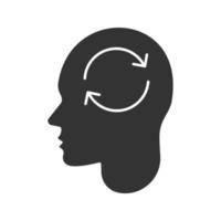 Human head with refresh sign inside glyph icon. Artificial intelligence. Silhouette symbol. Synchronization process. Negative space. Vector isolated illustration