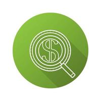 Money search flat linear long shadow icon. Magnifying glass with dollar sign. Market analysis and business analytics. Vector line symbol