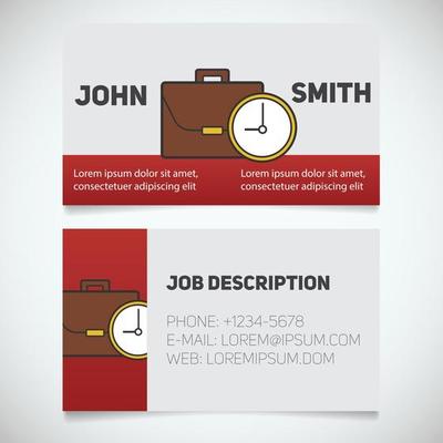 Business card print template with briefcase and clock logo. Easy edit. Manager. Work management. Businessman. Stationery design concept. Vector illustration