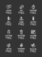 Product free ingredient chalk icons set. No lectine, paraben, gmo, gluten. Organic food, healthy eating. Low calories meals. Dietary without sweeteners. Isolated vector chalkboard illustrations