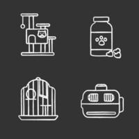 Pets supplies chalk icons set. Cat's tree house, veterinary medicine, birdcage, pets carrier. Isolated vector chalkboard illustrations