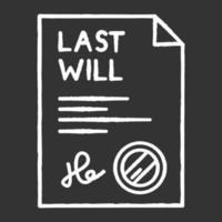 Signed last will chalk white icon on black background. Document with stamp. Notarized testament. Apostille and legalization. Legal paper. Notary services. Isolated vector chalkboard illustration