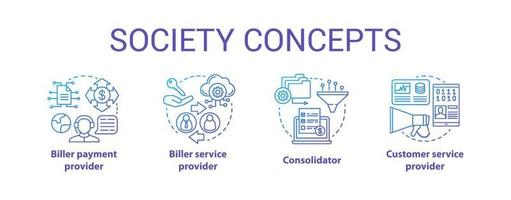 Billing concept icons set. Society idea thin line illustrations. Consolidator and customer service. E-commerce. Vector isolated outline drawings. Biller payment and service provider. Editable stroke