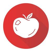 icono de glifo de larga sombra de diseño plano rojo manzana madura. Ilustración de silueta de vector de fruta fresca orgánica. comida sana, nutrición vegetariana, símbolo de dieta vitamínica. jugo natural, ingrediente de pastel americano