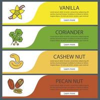 Spices web banner templates set. Vanilla flower, coriander, cashew and pecan nuts. Website color menu items. Vector headers design concepts