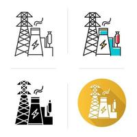 Energy industry icon. Power engineering. Electricity generation and transmission. Nuclear power plant and high voltage tower. Flat design, linear and color styles. Isolated vector illustrations