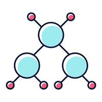 Blue and red molecule color icon. Multicolored crystal structure. Molecular ball and stick model. Organic chemistry elements. Scientific atom modeling. Isolated vector illustration