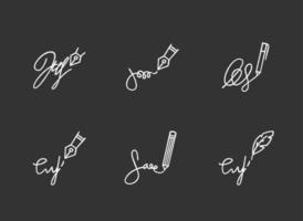 Signatures chalk white icons set on black background. Apostille and legalization. Handwriting. Autograph. Proof of identity, consent. Notary services. Isolated vector chalkboard illustrations