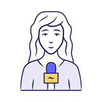 reportero mujer icono de color azul. presentador de tv, entrevistador con micrófono. presentadora de televisión. periodista de sexo femenino que toma la entrevista. reportero reportando noticias de última hora. ilustración vectorial aislada vector