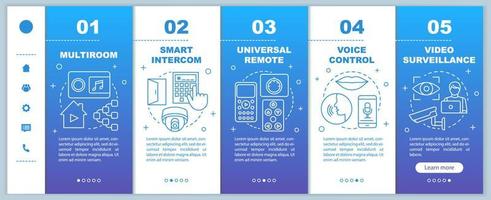 Smart home onboarding mobile web pages vector template. Automation systems Responsive smartphone website interface idea with linear illustrations. Webpage walkthrough step screens. Color concept