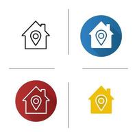 Home location icon. Flat design, linear and glyph color styles. House with map pinpoint inside. Isolated vector illustrations
