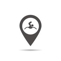 Swimming pool location icon. Drop shadow map pointer silhouette symbol. Swimming man pinpoint. Beach nearby. Vector isolated illustration