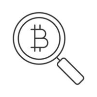 Bitcoin research linear icon. Thin line illustration. Magnifying glass with cryptocurrency. Exploring bitcoin. Contour symbol. Vector isolated outline drawing