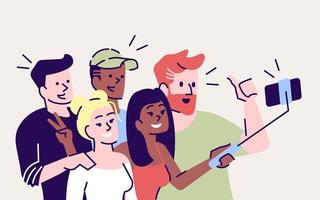 Selfie flat vector illustration. Happy people making selfie stick picture together. Capturing bright moment. Group of friends taking self photo with phone isolated cartoon character on grey background