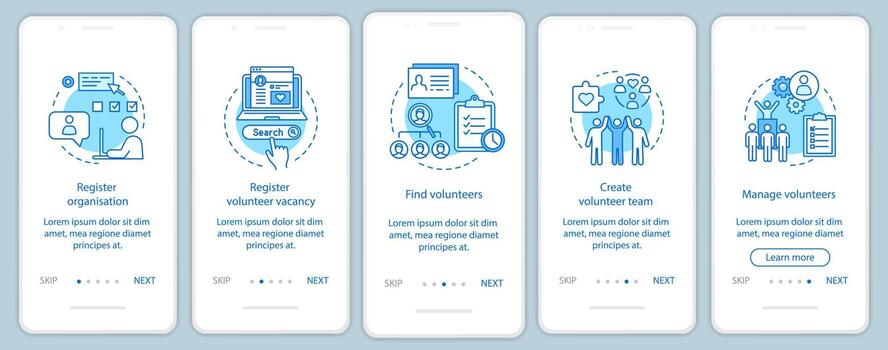 Volunteers finding onboarding mobile app page screen with linear concepts vector