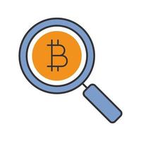 Bitcoin research color icon. Magnifying glass with cryptocurrency. Exploring bitcoin. Isolated vector illustration