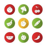 Vegetables and fruits cute kawaii flat design long shadow glyph characters set vector