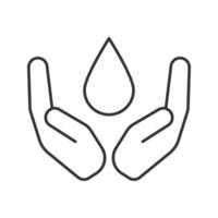 Open palms with liquid drop linear icon. Water resources conservation. Thin line illustration. Clean water supply. Contour symbol. Vector isolated outline drawing
