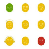 Smiles glyph color icon set. Silhouette symbols on white backgrounds. Good and bad mood. Confused, excited, teary, vomiting, angry, shocked emoticons. Negative space. Vector illustrations