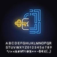 Riddle solution finding neon light icon. Maze, key-lock puzzle. Mental exercise. Logic game. Ingenuity test. Brain teaser. Glowing sign with alphabet, numbers and symbols. Vector isolated illustration