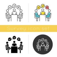 Group administered survey icon. Public opinion polling. Social research. Feedback. Sampling. Customer satisfaction. Voting. Glyph design, linear, chalk and color styles. Isolated vector illustrations