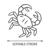 Crab linear icon. Swimming sea animal with pincers. Zodiac sign. Ocean aquarium. Seafood restaurant menu. Thin line illustration. Contour symbol. Vector isolated outline drawing. Editable stroke