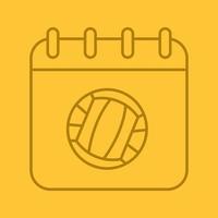 Icono lineal de fecha de campeonato de voleibol. página de calendario con pelota de voleibol. símbolos de contorno de línea fina sobre fondo de color. ilustración vectorial vector