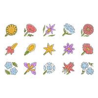 Wild flowers color icons set. Spring blossom. California wildflowers. Garden decorative blooming plants. Botanical bundle. Meadow and field flowers, weed. Isolated vector illustrations