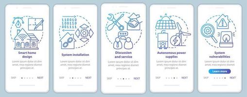 Plantilla de vector de pantalla de página de aplicación móvil de incorporación de hogar inteligente. diseño y servicio de sistemas domóticos. paso a paso del sitio web con ilustraciones lineales. concepto de interfaz de teléfono inteligente ux, ui, gui