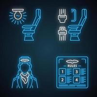 Aviation services neon light icons set vector