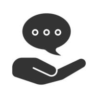 Open hand with speech bubble glyph icon. Silhouette symbol. Free chatting. Negative space. Vector isolated illustration