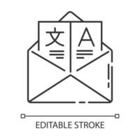 Language translation services linear icon. Internationalcommunication. Email professional translation. Thin line illustration. Contour symbol. Vector isolated outline drawing. Editable stroke