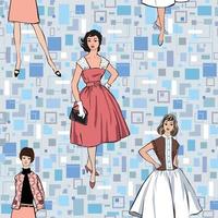 Stylish fashion dressed girls seamless pattern. Retro fashion party. vintage fashion silhouettes from 60s background