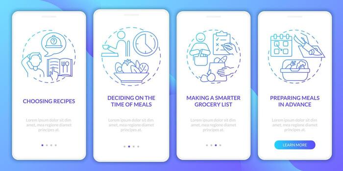 conceptos básicos de planificación de comidas degradado azul incorporación pantalla de la página de la aplicación móvil vector