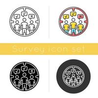 Survey target audience icon. Public opinion. Focus group. Research. Customer satisfaction, review. Feedback. Evaluation. Glyph design, linear, chalk and color styles. Isolated vector illustrations